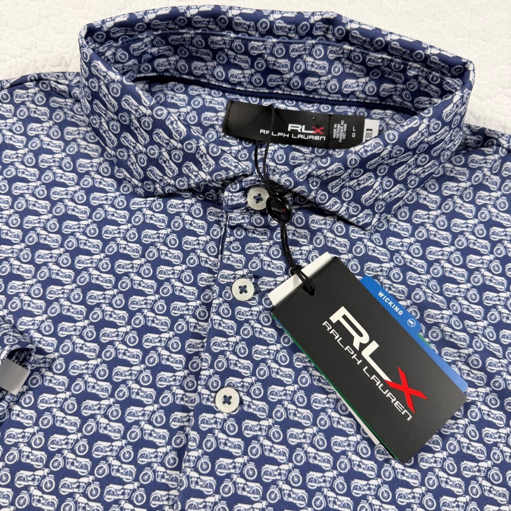 NWT RLX Ralph Lauren Men L Motorcycle Print Short Sleeve Polo Shirt Wicking Blue